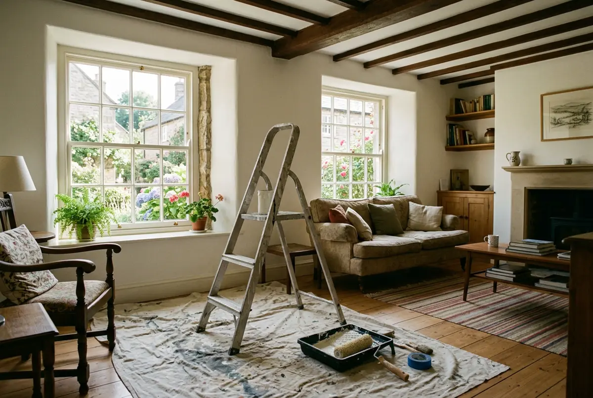 Freshly decorated cottage living room with a stepladder and paint roller